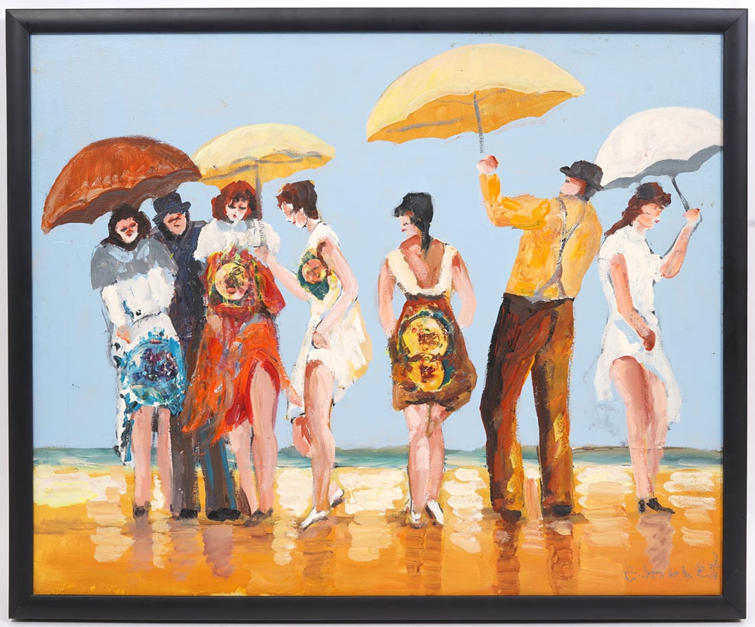 French Beach Scene Signed Oil Painting: French beach scene with multiple figures, oil on canvas signed illegibly lower right. Measurements: Visual - 19"H x 23.5"W; Framed - 20.5"H x 25"W. Condition report: Good condition, please examine all