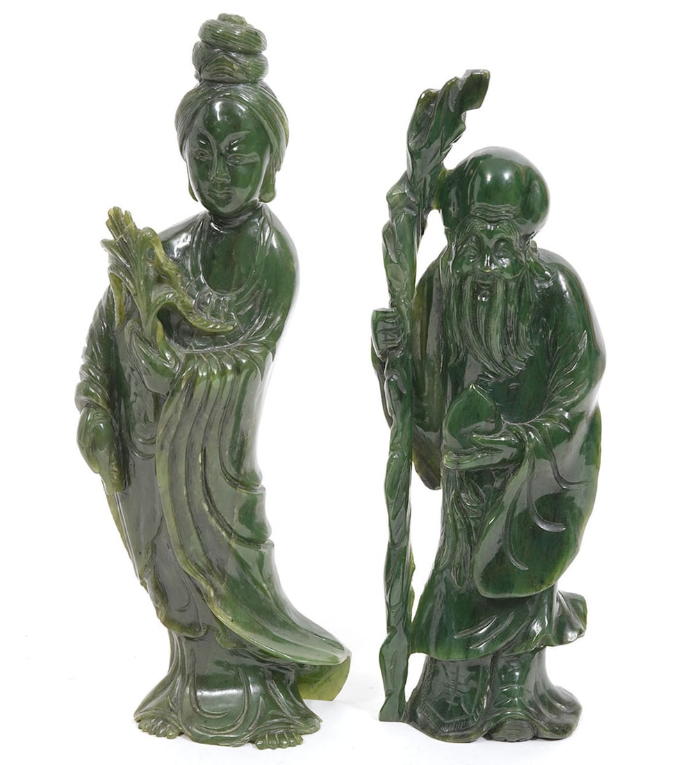 Two Chinese Hardstone Ancestral Figurines: Two Chinese carved hardstone ancestral figurines measure 9.5"H x 3"L x 1.5"W and 10"H x 3.5"L x 2"W. Condition report: good condition, minor repair to one, please see all photos. Contact C. Biddle Auc