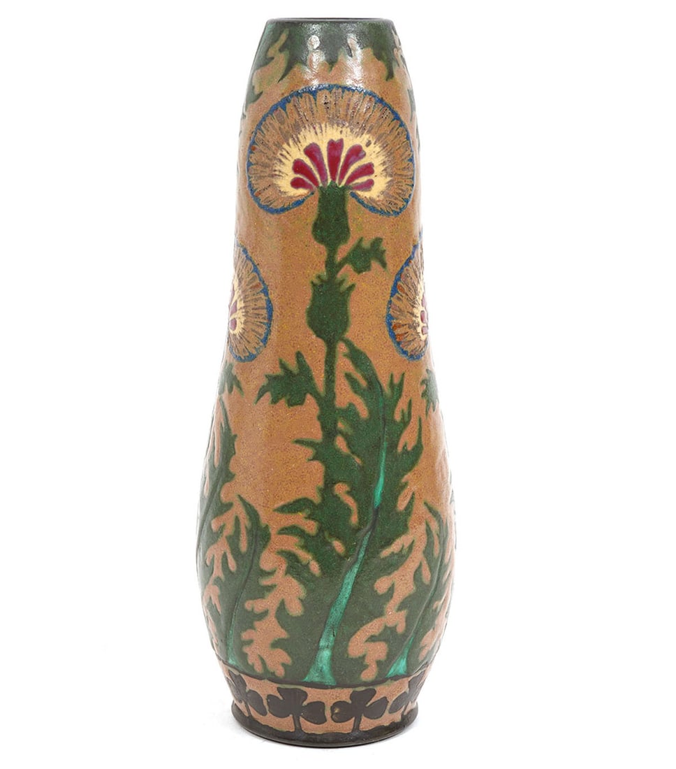 Royal Bonn Ruysdael Art Nouveau Style Vase: Royal Bonn 'Ruysdael' Art Nouveau-style vase decorated with earth-tone botanical themes and is signed underside. Measures 12"H x 4"W. Condition report: Good condition, please examine all photos closel