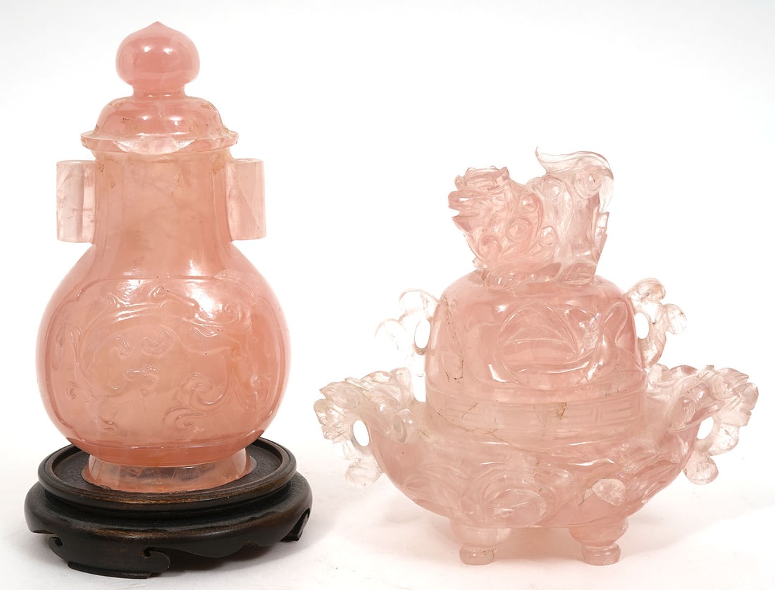 Two Chinese Carved Rose Quartz Objects: Two Chinese carved rose quartz objects includes an incense burner with foo dog finial (6"L x 3.5"W x 5.5"H) and urn (7"H x 4"W). Condition report: Lid is affixed to urn, please examine all photos clos
