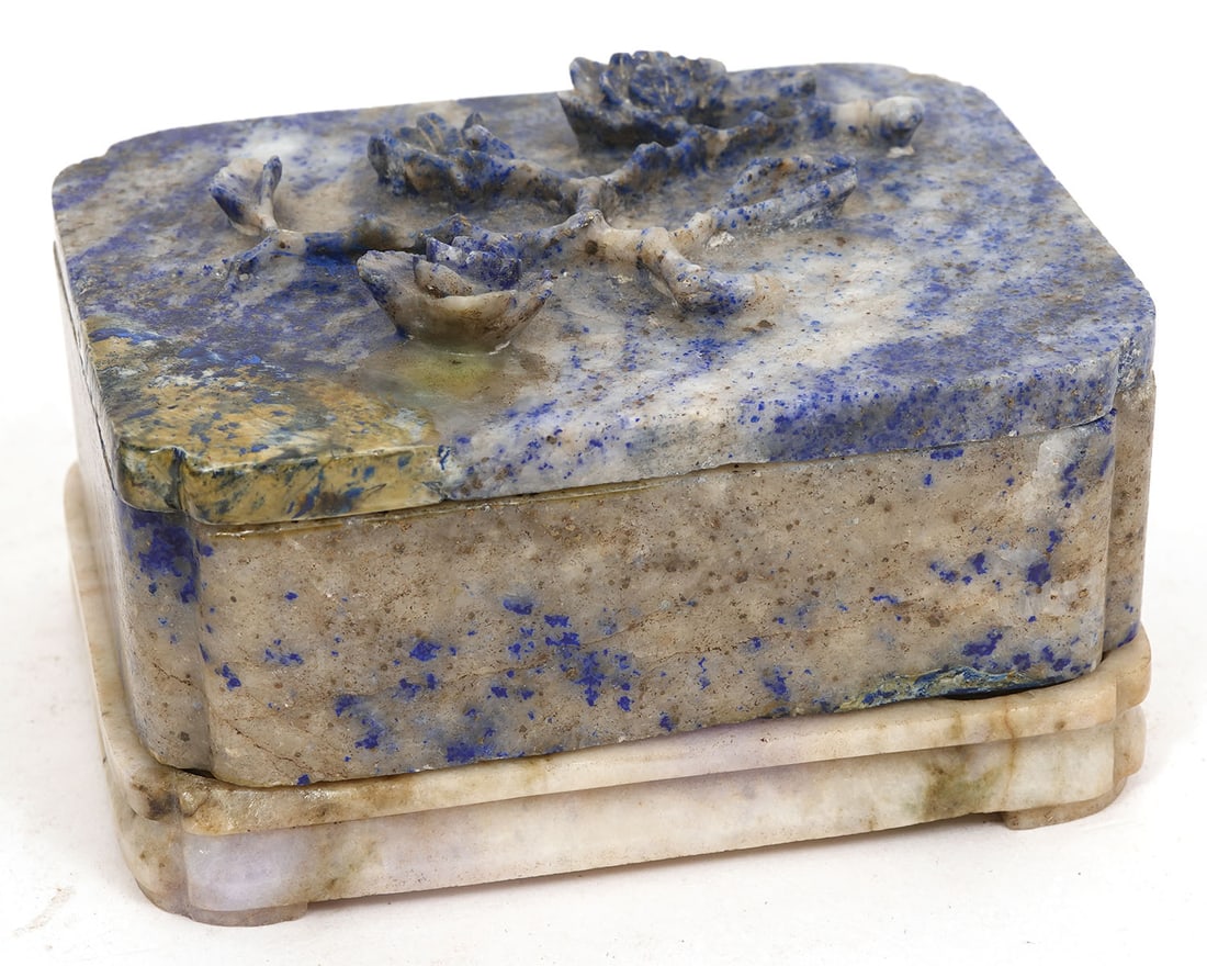 Chinese Carved Lapis Lazuli Box with Stand: Chinese carved lapis lazuli box with custom stand and floral relief on top. Measures 3.5"L x 4"W x 2.25"H. Condition report: Good condition, please examine all photos closely. Contact C. Biddle Auctio