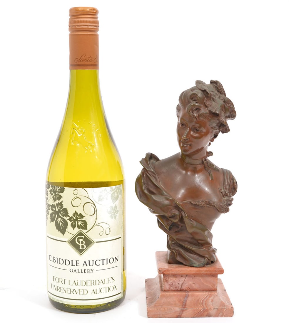 Henri-Emile Allouard Petite Bronze Bust: Henri-Emile Allouard (French, 1844-1929) petite bronze bust on pink marble base signed on side. Measures 3.5"H x 3.25"W x 9"H. Condition report: Very minor chips to base edges, please examine all phot