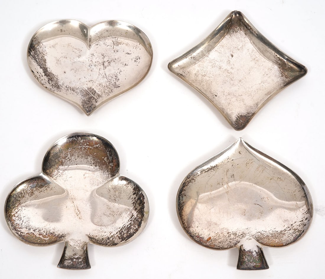 Tiffany & Co Sterling Silver Playing Card Trays: Tiffany & Co sterling silver playing card shaped trays, each are approximately 2.5"L and are hallmarked underside. Weight - 91.2g. Condition report: Good condition, please examine all photos closely.