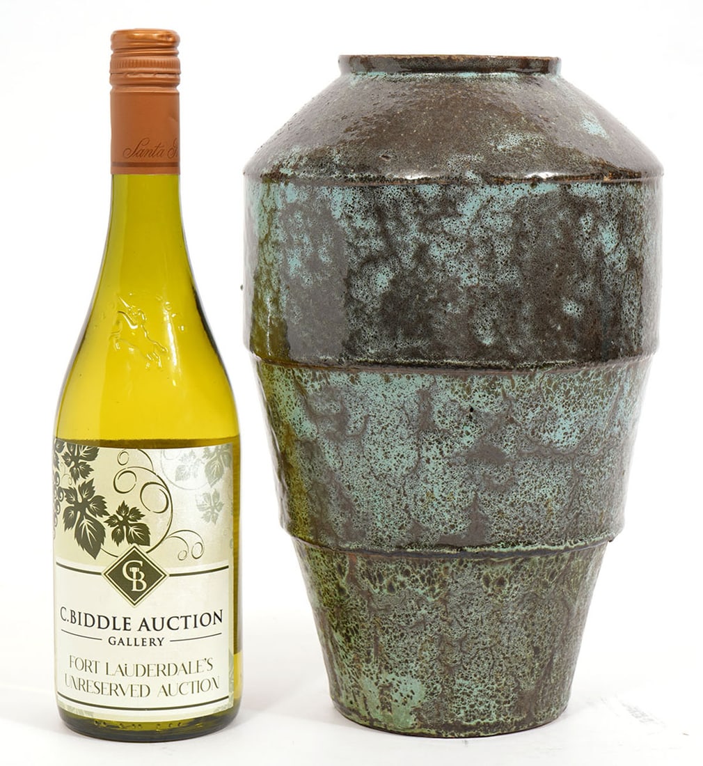 NC / Seagrove Pottery Attrib. Bryan 'Duck' Teague: Attributed to Bryan 'Duck' Teague, this North Carolina / Seagrove vase is a rare triple tier Futura Vase that is unsigned. Measures 11.25"H x 7" diameter. Condition report: Good condition, some chips