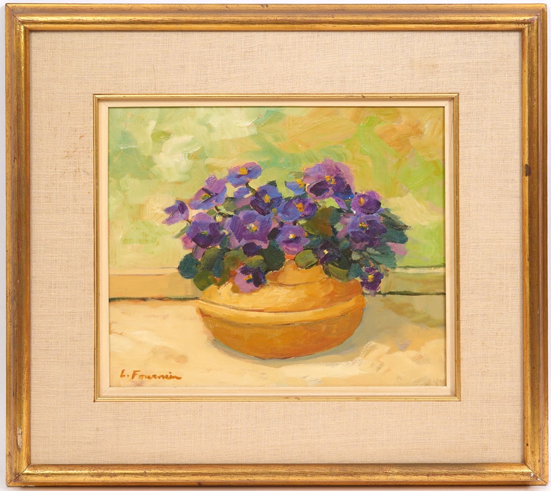 Liliane Fournier "Tendre Violettes" O/C Painting: Liliane Fournier (Canada, b.1942) "Tendre Violettes" oil on canvas painting, signed lower right. Measurements: Visual image: 12"H x 13.5"W, Frame: 20"H x 22"W. Condition report: Good condition, please