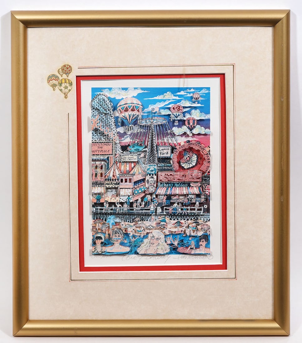 Charles Fazzino "Coney Baloney' Mixed Media: Charles Fazzino "Coney Baloney" 1988, pencil signed and numbered (340/475) 3-D Mixed Media lithograph. COA on verso. Measurements: visual 9"H x 7"W, Framed - 17"H x 14"W. Condition report: Good condit