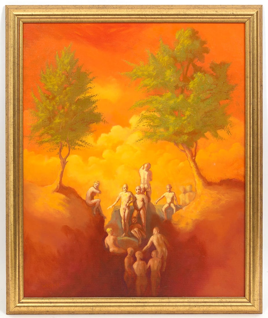 William Wester "Capriccio" Signed Painting: William Wester "Capriccio" oil on canvas painting, features multiple nude figures in rock formation between two trees, surrealist theme and signed lower left. Titled in pencil on verso. Measurements: