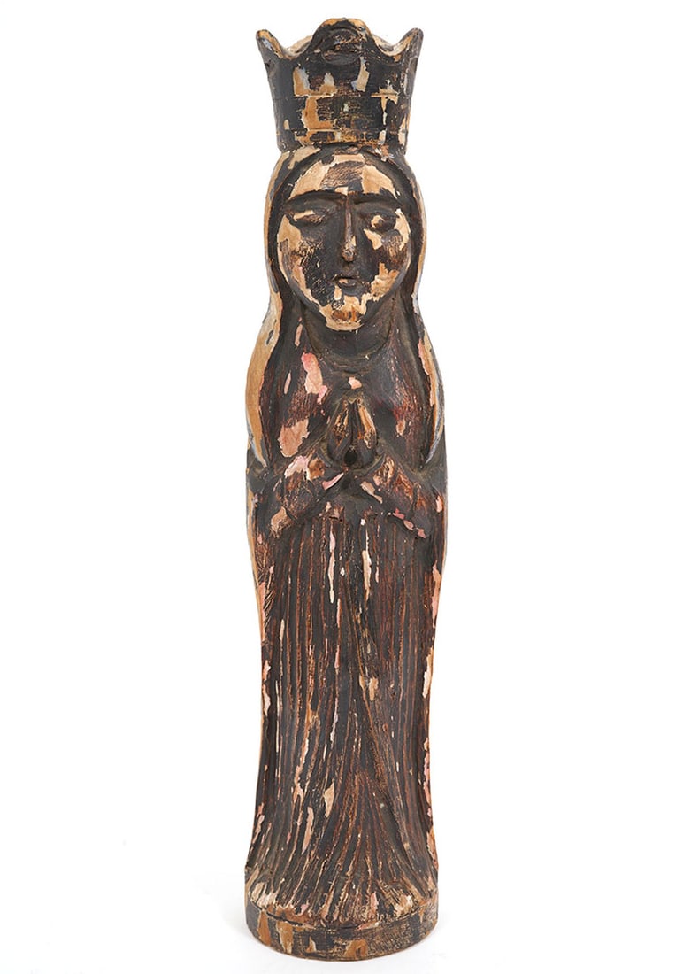 Hand-Carved Wood Santo-Style Figure: Hand-carved wood Spanish colonial santo-style figure features a pious figure with hands clasped in prayer. Measures 14"H x 3.5"W. Condition report: Good condition, please examine all photos closely. C