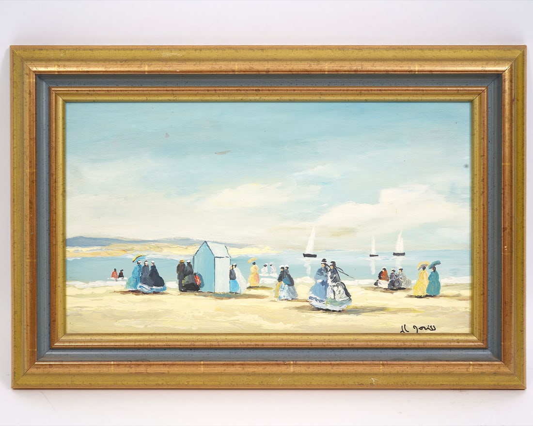 European Beach Scene Signed O/B Painting: Continental European beach scene oil on board painting is signed lower right. Measurements: Visual image - 9"H x 15.5"W; framed 13.5"H x 20"W. Condition report: Good condition, please examine all phot