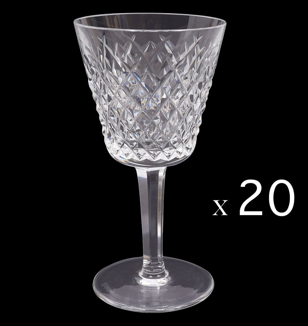 20 Waterford Crystal 'Alana' Claret Wine Glasses: 20 Waterford crystal Claret Wine glasses in 'Alana' pattern with 'Waterford' stamp on underside of each. Measures 5.75"H x 2.5"W base. Condition report: good condition, please see all photos. Contact