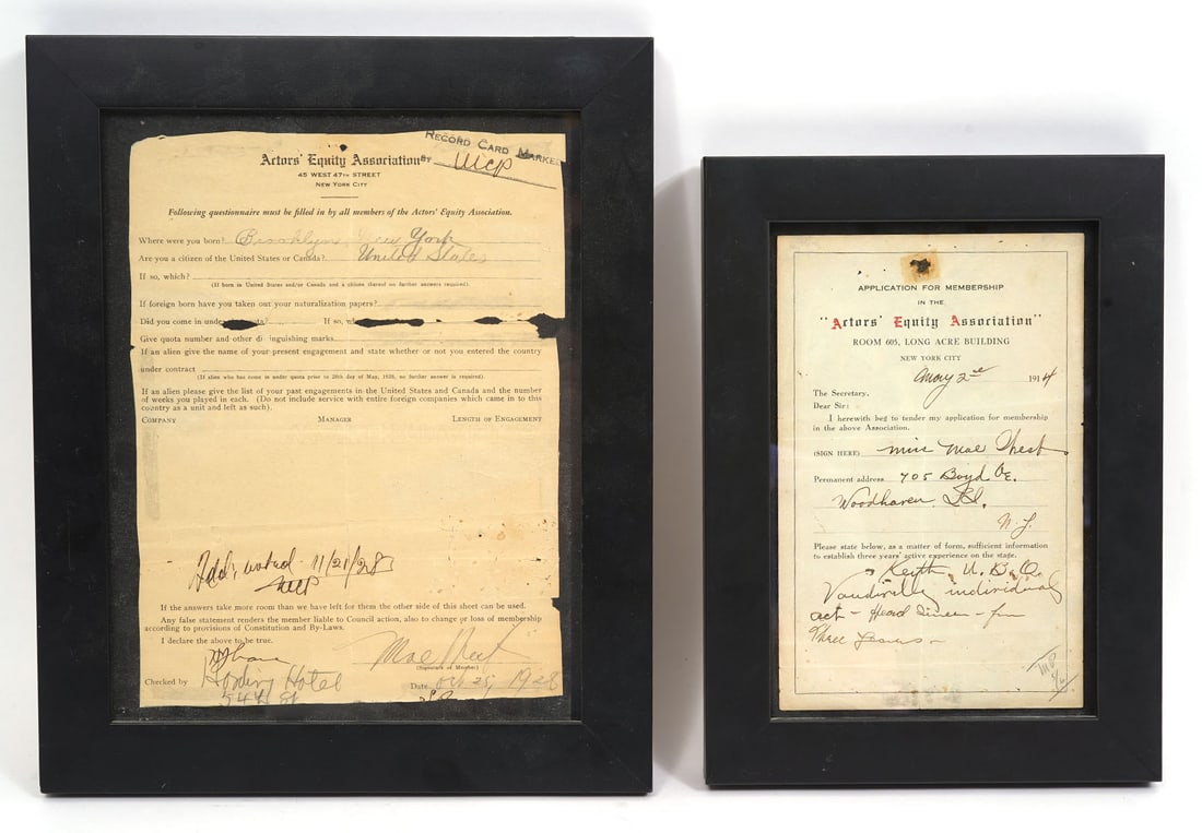 Mae West's Application Actors Equiy Assoc.: Mae West's signed 1914 application for membership to the 'Actors Equity Association' and 1928 questionnaire are both mounted in black frames. Measures 11"H x 8"W framed and 8.25"H x 5.25"W visual; 13"