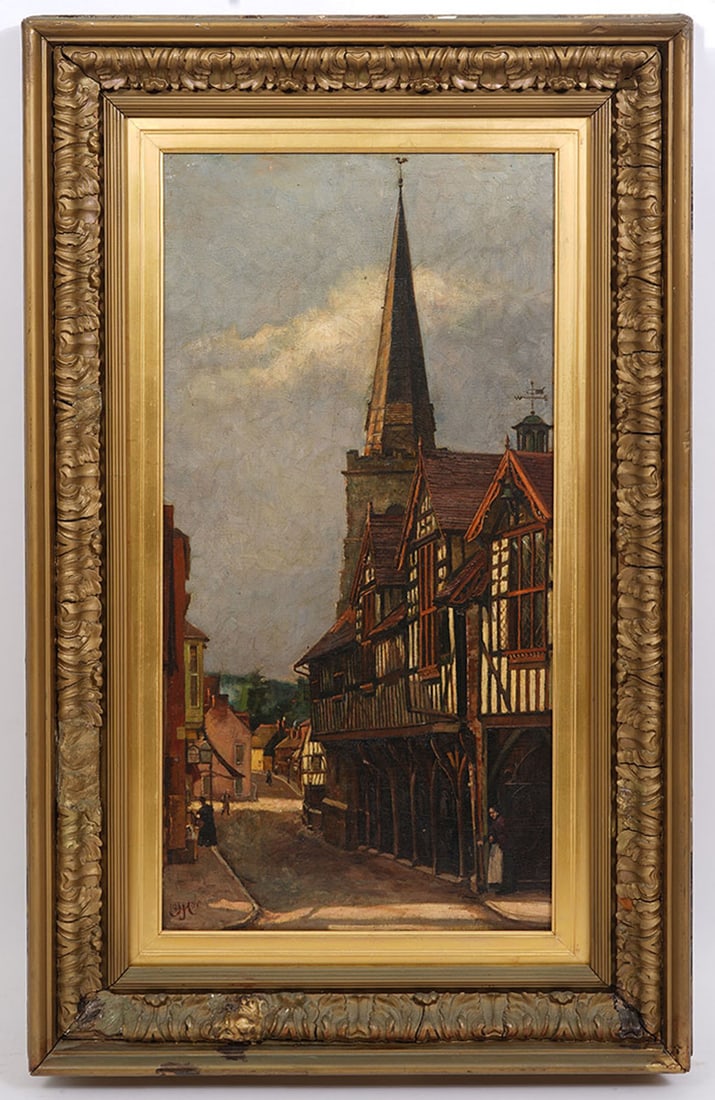 Circa 1900 English Street O/C Painting Signed: Circa 1900 English street scene oil on canvas painting signed "MJ or JM" on lower left. Measurements: Canvas 25"H x 14"W; Frame 32"H x 20"W. Condition report: Various wear from age to frame, please ex