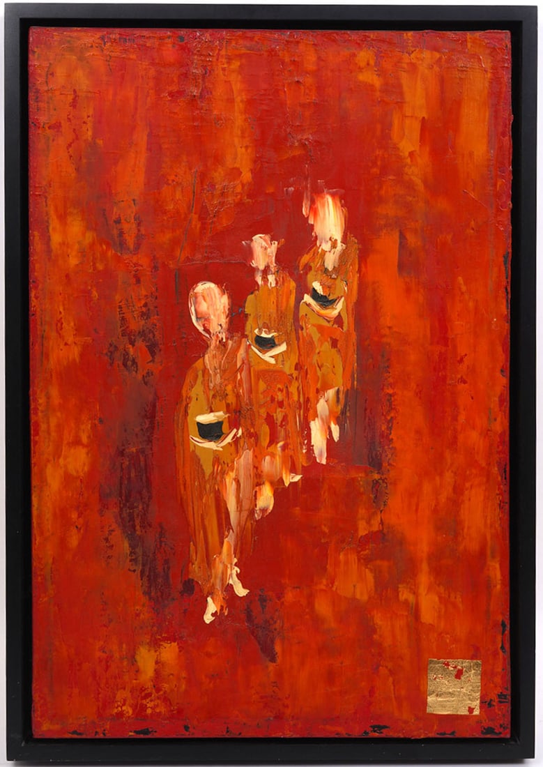 Southeast Asian Three Monks Oil on Canvas Painting: Southeast Asian three monks untitled oil on canvas painting. Abstract form with light impasto, gold square in lower right. Measurements: Visual 24"H x 16"W; Frame 25.5"H x 17.5"W. Condition report: Go