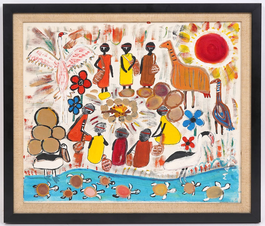 Margeret Adams Aboriginal Folk Art Painting: Margeret Adams (Australian, b.1942) Aboriginal folk art oil on canvas painting, signed lower right. Measurements: Visual 15.5"H x 18.5"W; Framed 22"H x 19"W. Condition report: Good condition, please e