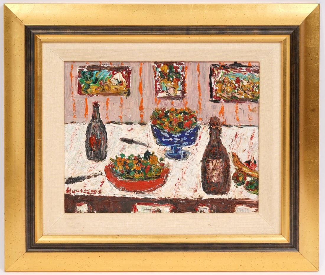 Michel Kouliche French Still Life O/B Painting: Michel Kouliche (French, 1922 - 2010) French still life oil on board painting, heavy impasto painting in gilt frame. Measurements: Visual -7.5"H x 9.5"W; Framed -13.5"H x 15.5"W. Condition report: Goo