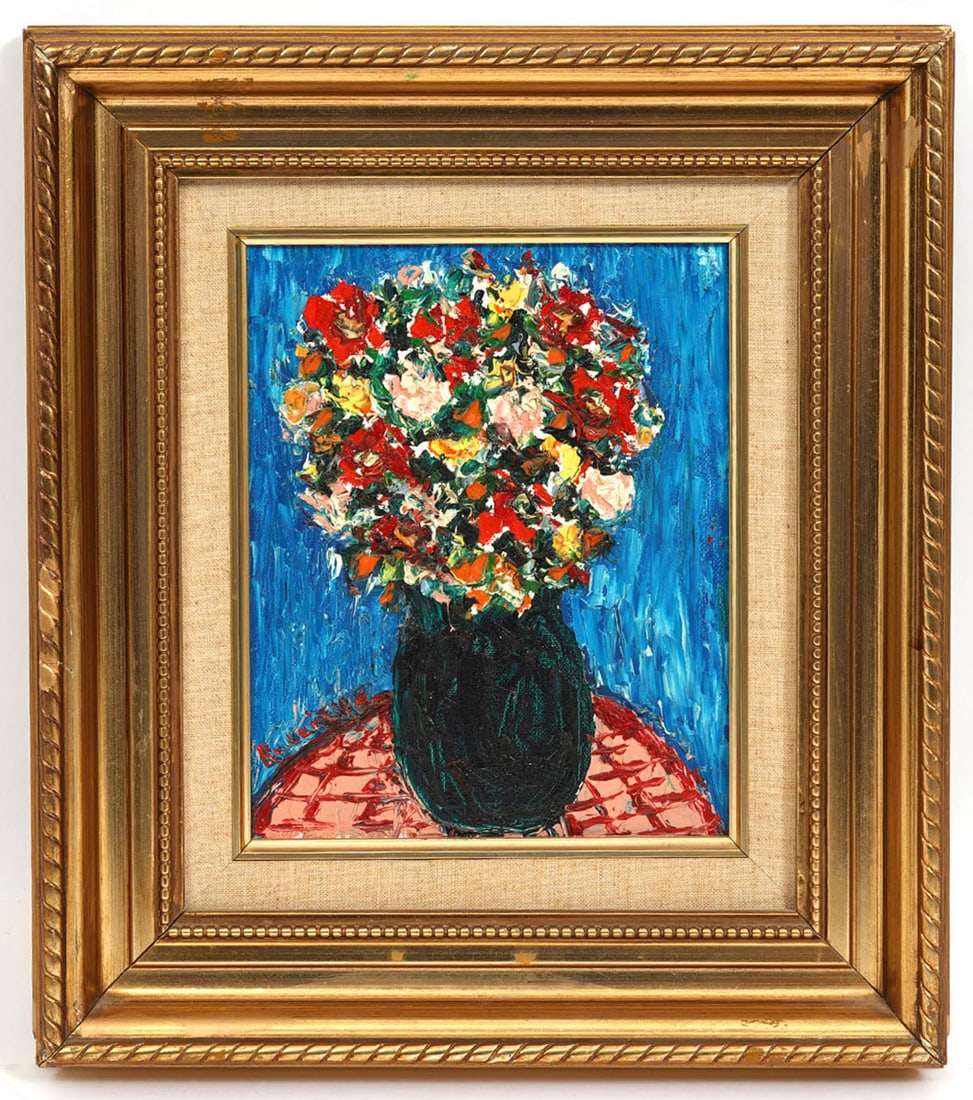 Michel Kouliche Floral Bouquet Still Life O/B: Michel Kouliche (French, 1922 - 2010) "Fleurs a la nappe aux carreaux" French floral bouquet still life, oil on board painting. Heavy impasto painting in gilt frame. Measurements: Visual -9.5"H x 7.5"