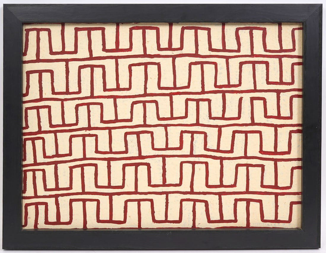 Ray James TJangala Aboriginal O/C Painting: Ray James TJangala, Aboriginal oil on canvas painting featuring repeating geometric red pattern. Measurements: Visual - 17.5"H x 23"W; Framed - 20.5"H x 26"W. Condition report: Good condition, please