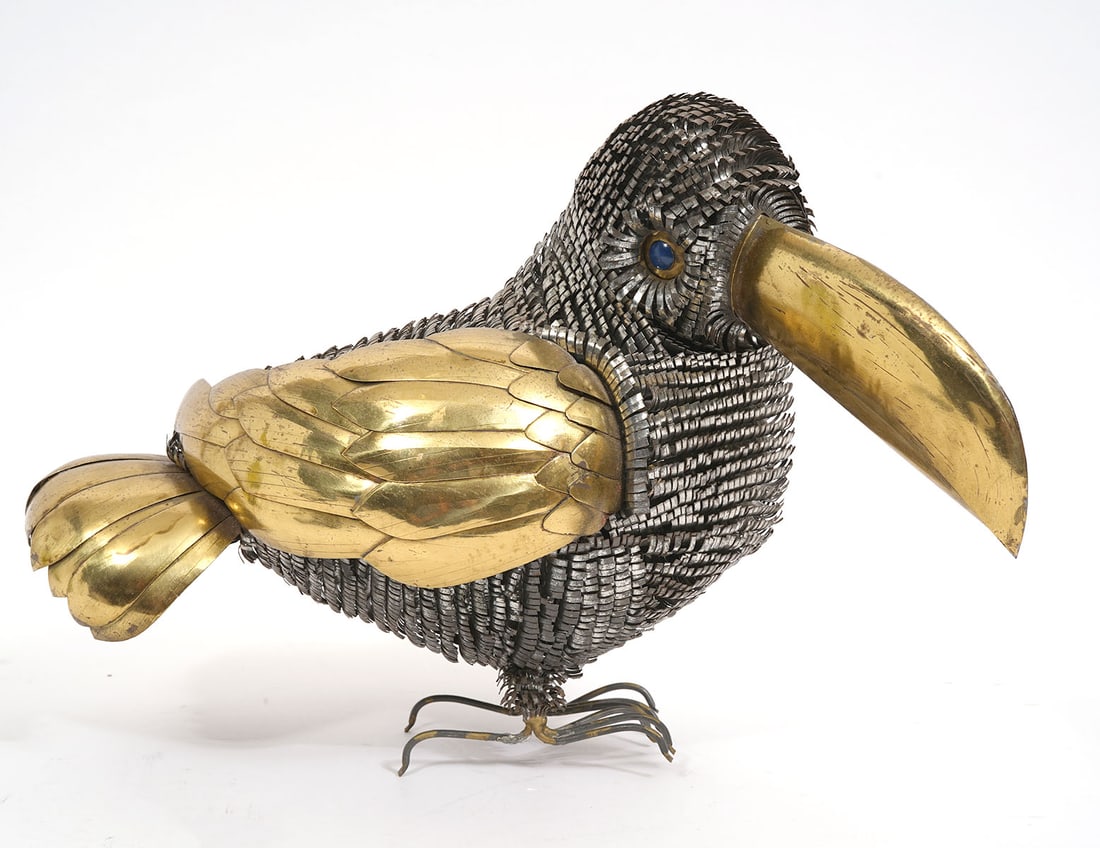 Attrib. Alexander Blazquez Mixed Metal Bird: Attributed to Alexander Blazquez, Mexican mixed metal unsigned toucan bird composed of hand-crafted tin and brass with wire feet. Measures 13" x 9"W x 9.5"H. Condition report: Common surface wear, ple