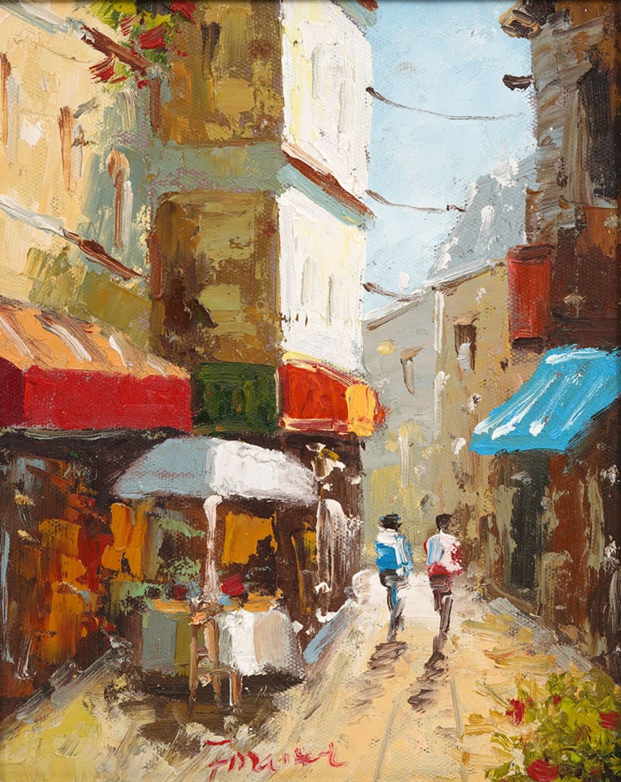 Italian Street Scene Oil on Canvas Signed Painting: 20th Century Italian street scene oil on canvas signed painting. Measurements: Visual - 10"H x 8"W; Framed 18"H x 16"W. Condition report: Chip to corner of frame, please examine all photos closely. Co