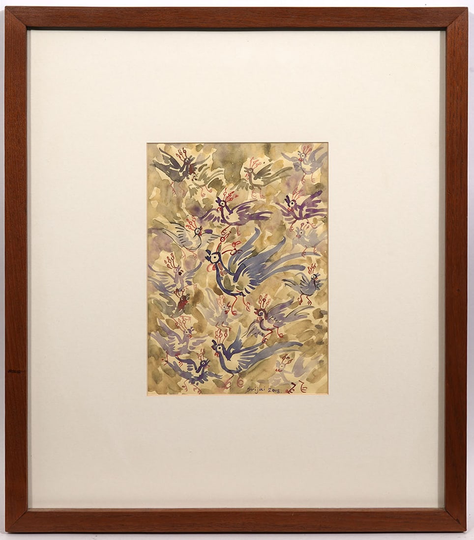 Srijai Kuntawang Thai Watercolor & Ink Painting: Srijai Kuntawang (Thailand, 1961) Untitled watercolor and ink painting features multiple bird figures. Measurements: Visual image: 11.5"H x7.5"W; Frame: 23"H x 20"W x 11.5" . Condition report: Good co