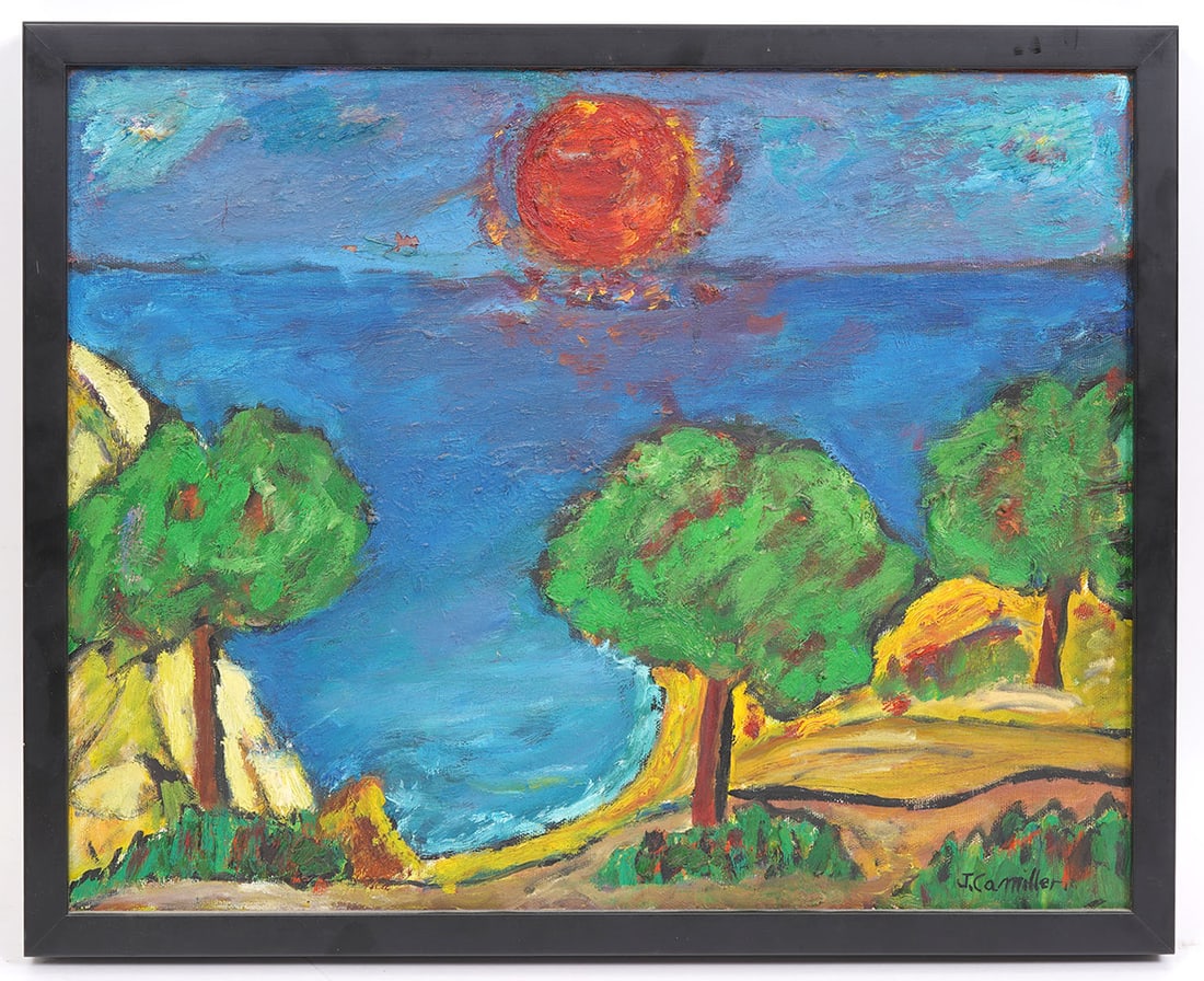Primitive Landscape Oil on Canvas Signed Painting: Primitive landscape oil on canvas painting signed "J. Camiller" lower right. Measurements: Visual - 15"H x 19"W; Framed - 17"H x 21"W. Condition report: Good condition, please examine all photos close
