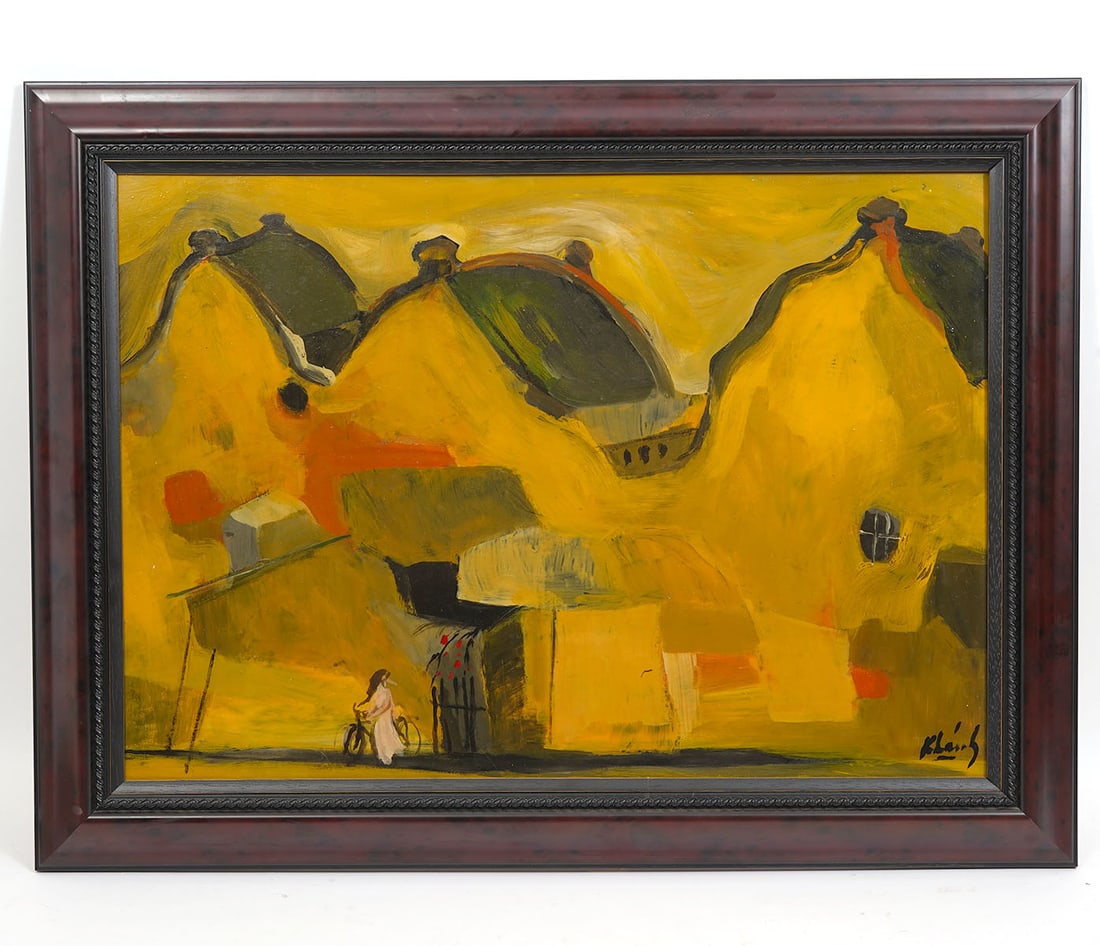 Signed Oil on Board Three House Painting: Untitled oil on board painting featuring three houses and a female with bicycle. Signed illegibly lower right. Measurements: Visual - 19.5"H x 26"W; Framed - 24"H x 32.5"W. Condition report: Good cond