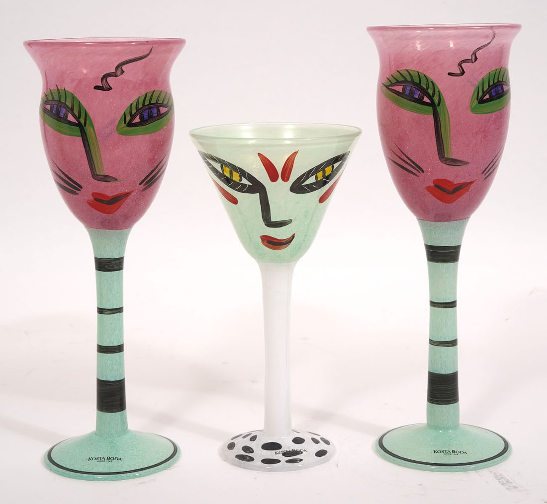 Kosta Boda Hydman "Open Minds" Three Glasses: Kosta Boda Ulrica Hydman "Open Minds" three signed glasses includes a pair of wine goblets (9") and martini glass (7"). Condition report: Good condition, please examine all photos closely. Contact C.