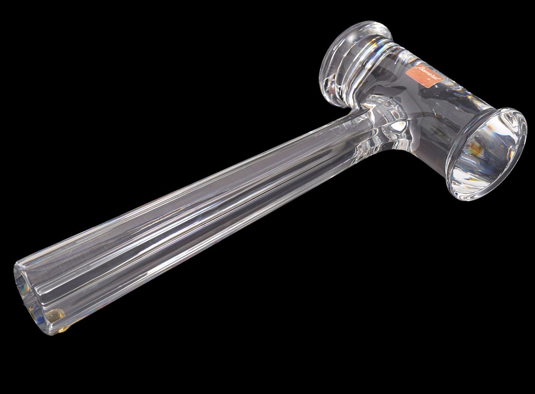 Baccarat French Crystal Gavel Hammer Paperweight: Baccarat French crystal gavel or hammer paperweight/desk object, signed and stickered. Measures 9"L x 4"W x 2"H. Condition report: Good condition, please examine all photos closely. Contact C. Biddle
