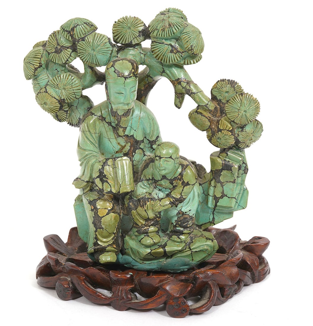 Chinese Carved Natural Stone Figures on Stand: Chinese carved natural turquoise stone of a scholarly figure on stand. Detailed carved natural stone features a scholar and student in garden motif and sits on carved wood base. Overall measures 4.5"L