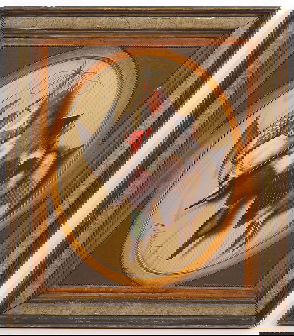 Michelangelo Meucci Antique Still Life Painting: Michelangelo Meucci, Italy (1840-1909). Antique oval painting, oil on board mounted in wood frame, features a trio of deceased game birds. It is signed and dated lower right, 1877. Measuress 27"H x 22