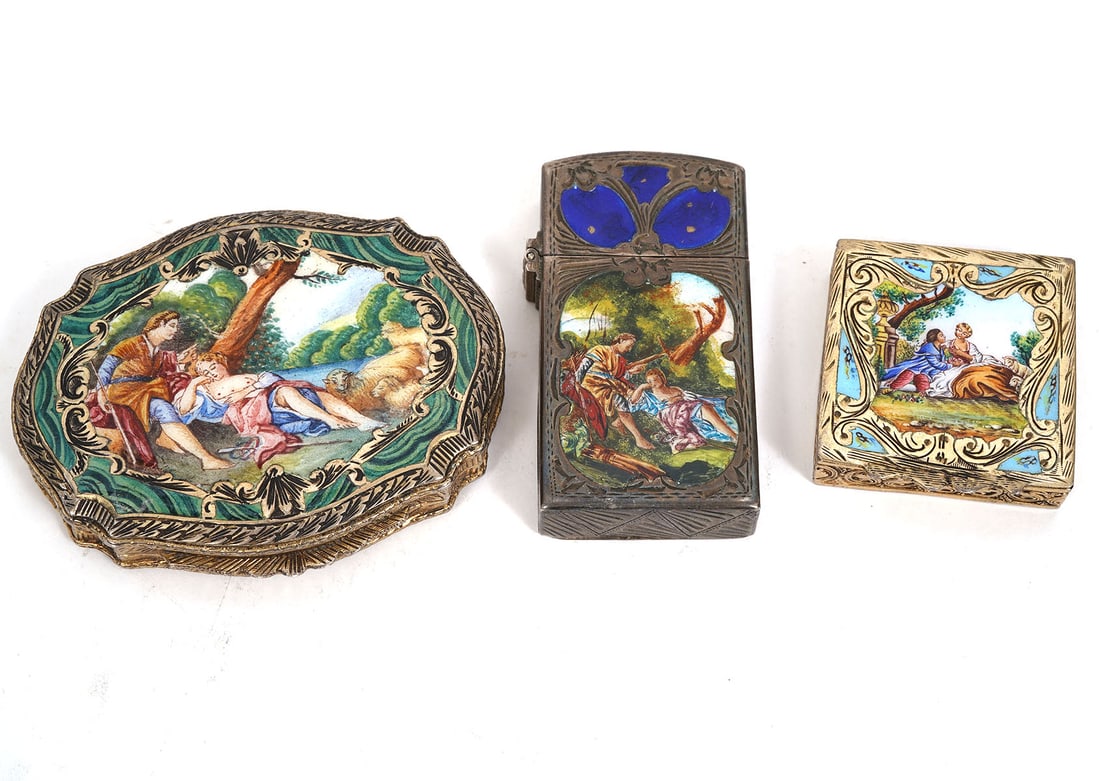 3 Continental Silver & Enamel Items: Three continental silver and enamel boxes (one lighter and two hinged boxes). Marks not present. Largest compact 2.75" x 2". Condition report: good with minor wear. Total weight 155 grams. Contact C.