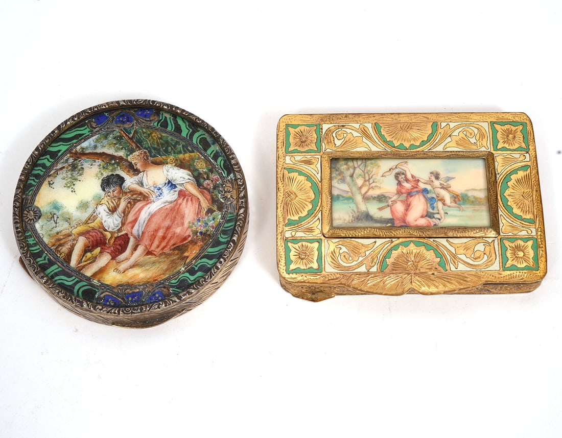 Two Continental Silver and Enamel Compacts: Two Continental silver and enamel compacts, unmarked. Round is 3" and 3.25" x 2.5". Total weight 196 grams. Condition report: good with minor wear, top of round one needs to be resolder in place. Cont