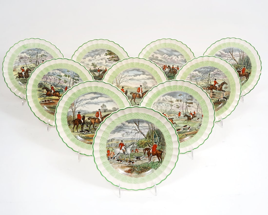 10 Copeland Fox Hunting Plates J.F. Herring Sr.: 10 Copeland Spode Fox Hunting china plates with five different equestrian scenes, titled, numbered and marked on undersides. Plates have scalloped rims with thin green trim. Measures 9"W. Condition re