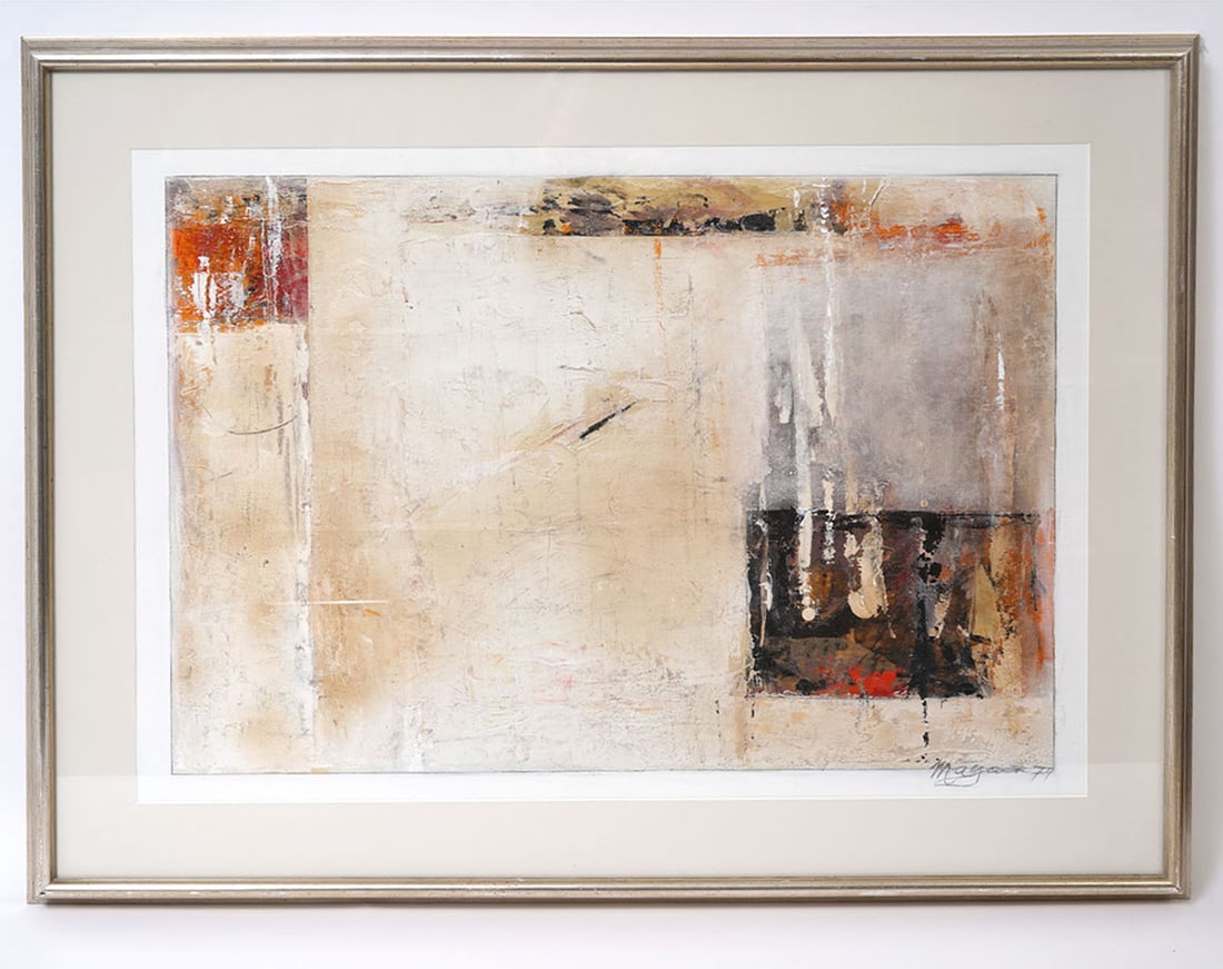 Anthony Magar Oil Painting: Anthony Magar, England (1936-2022). Oil collage on canvas, signed bottom right. Measures 29" H x 38" W, framed; 21.5"H x 30"W visual. Condition report: good condition, see photos. Contact C. Biddle Au