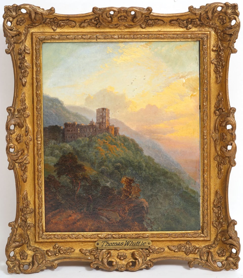 Thomas Whittle 'Heidelberg Castle' Painting: Thomas Whittle, British (1856-1897). Oil on board mounted in a carved gilt wood frame with brass name plaque bottom center. Label on verso 'Heidelberg Castle No. 6'. Framed:16”H x 14”W Vis