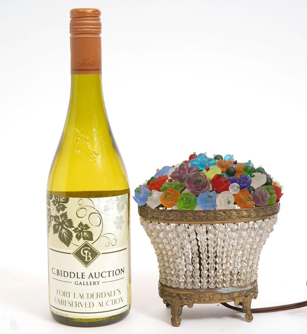 Vintage Czech Art Glass Flower Basket Lamp: Vintage Czech art glass floral lamp has multiple colorful flowers and beads in an oval metal framed basket raised on 4 feet. The basket is adorned with rows of crystal beads and measurements are 6.5"H
