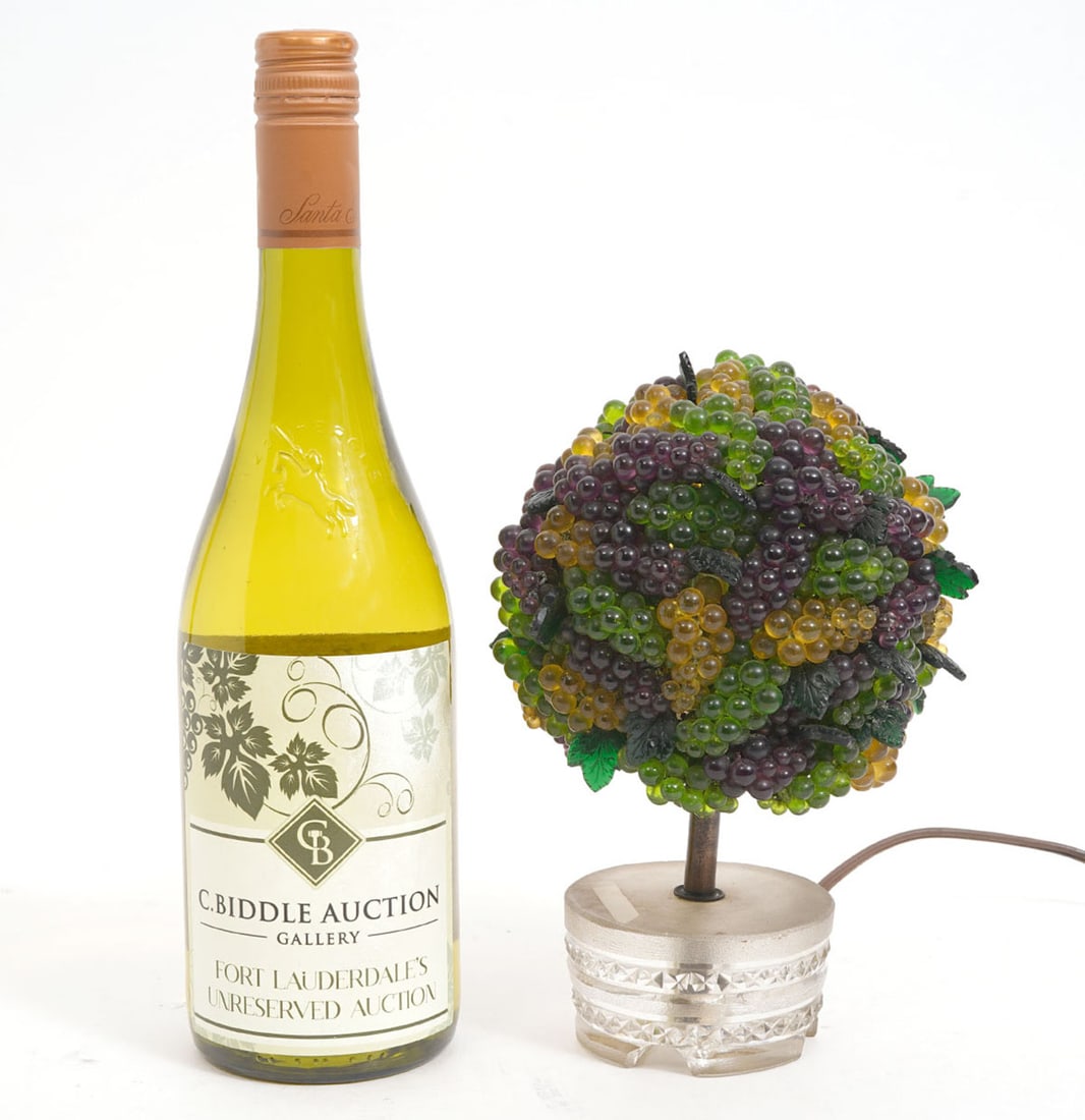 Vintage Murano Style Glass Grape Cluster Lamp: Vintage Murano style glass cluster table lamp with etched circular glass base and grape clusters in various colors. Measures 8"H x 5"W. Condition report: good condition, please see all photos. Contact