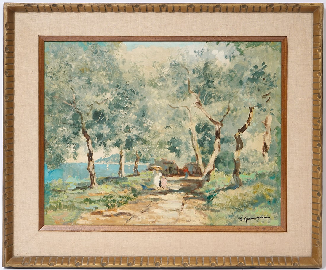 Signed Painting of an Outdoor Park Scene: Oil on canvas painting of an outdoor scene in a park with small shadowy figures on a path. It is illegibly signed lower right and mounted in a carved gilt wood frame and matted. Measures 21.75"H x 25.