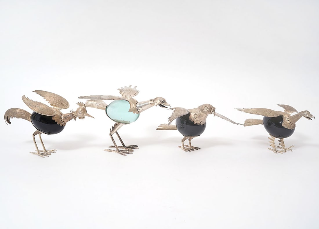 4 Mexican Sterling & Stone Bird Figures: 4 Mexican Taxco detailed sterling bird figures with egg form polished stone bodies, marked on undersides. Birds measure 3.25"H x 4.75"L x 6.75"W; 3.25"H x 5.5"L x 3.75"W; 2.5"H x 4.5"L x 4.75"W; 2.75"