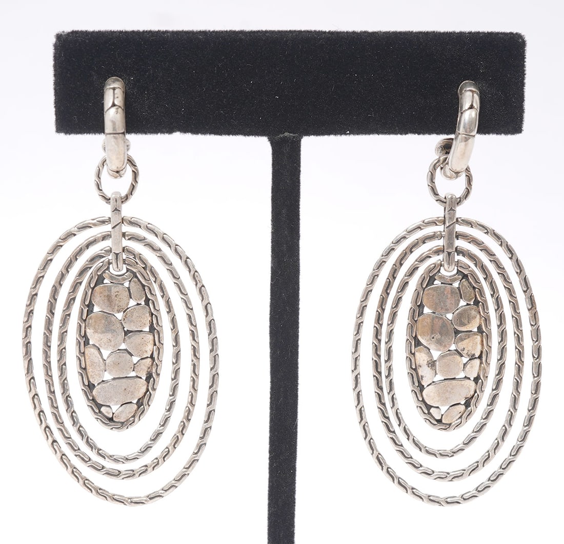 John Hardy Kali Zen Sterling Hoop Earrings: John Hardy Kali Zen multi tier hoop drop earrings with clutch back closures measure 2.25"L x 1"W and weigh 14.8 grams. Condition report: good condition, please see all photos. Contact C. Biddle Auctio