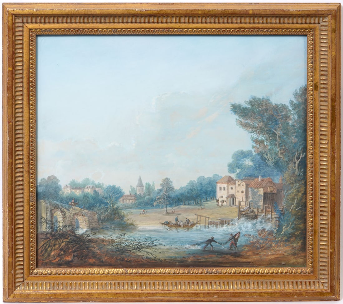 Amelia de Suffren 'Near Keswick' Signed Painting: Amelia de Suffren, France (1765-1817). Watercolor on paper is illegibly signed and dated lower right and mounted in a carved gilt wood frame. Label on verso from Vixseboxse Art Galleries, Inc. Measure