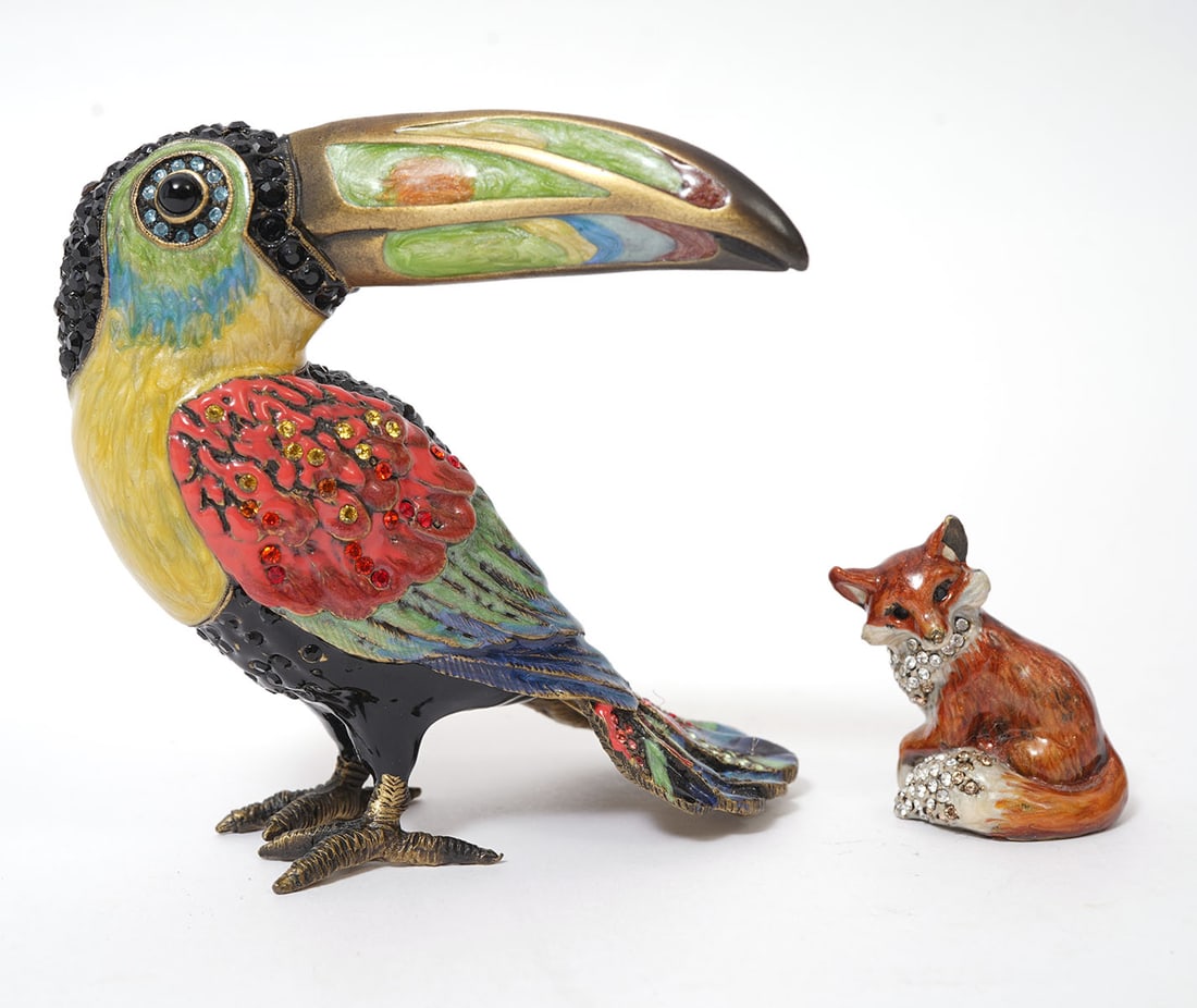 Jay Strongwater Toucan & Fox Figurines: Jay Strongwater Toucan is a limited edition #157/650, enameled metal embelished with Swarovski crystals, signed and numbered on underside. Measures 3.5"H x 3.5"L x 2"W. Baby Damian Fox is a miniature 