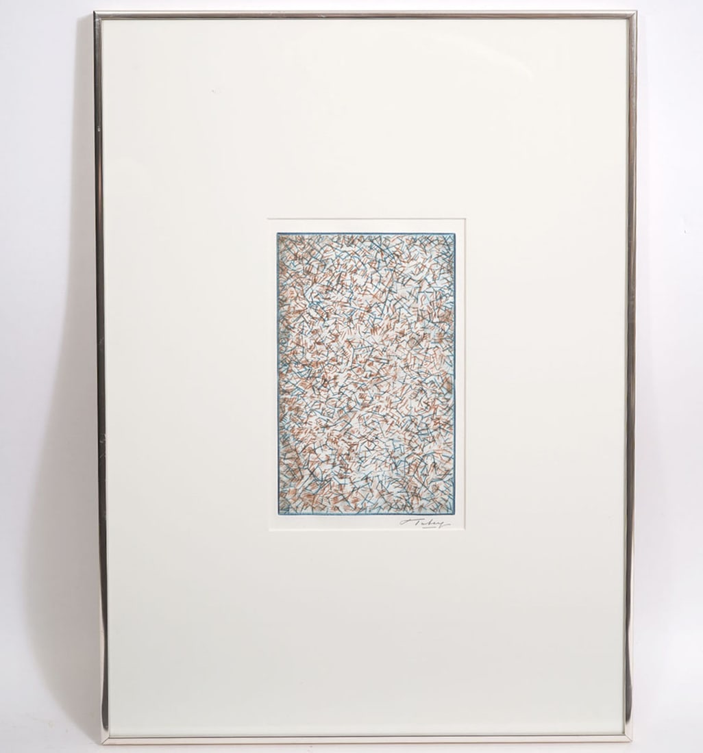 Mark Tobey Abstract Expressionst Drypoint: Mark Tobey, American (1890-1976). Densely structured drypoint composition inspired by Asian calligraphy is matted and mounted in a thin chrome frame and signed lower right. Card on back from the Print