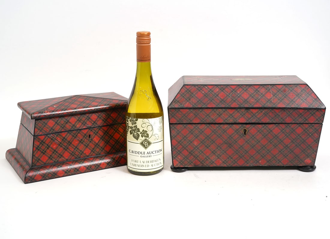 Two Scottish Stuart Tartan Ware Boxes: Two Scottish Tartan ware boxes includes a large three sectional hinged box (missing key). Measures 12"L x 6"W x 7"H. Felt lined jewelry box, measures 11.5"L x 7"W x 6"H. Condition report: Good conditi