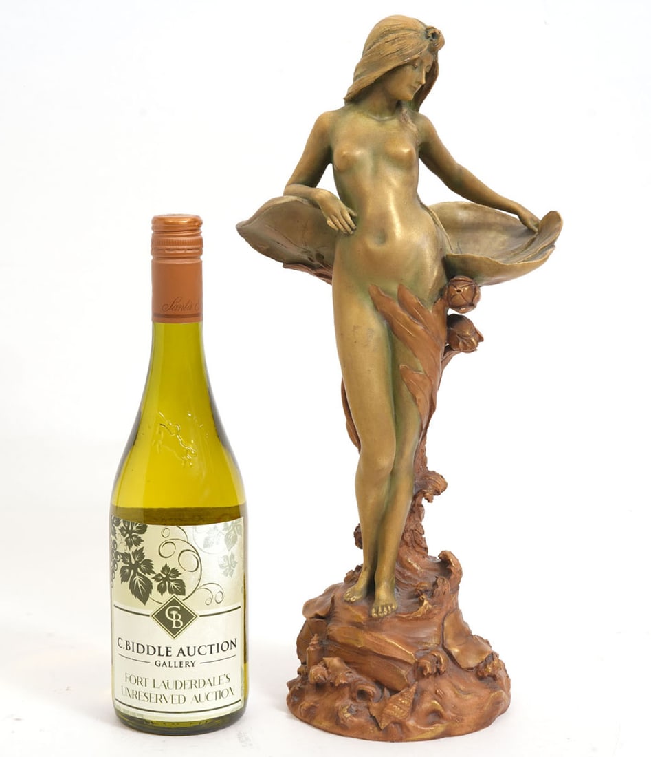 Ernst Wahliss Amphora Porcelain Nude Water Lily: Ernst Wahliss Art Nouveau Amphora porcelain figure features nude female with water lily and is hallmarked underside. Measures 16"H x 7"W. Condition report: Good condition, please examine all photos