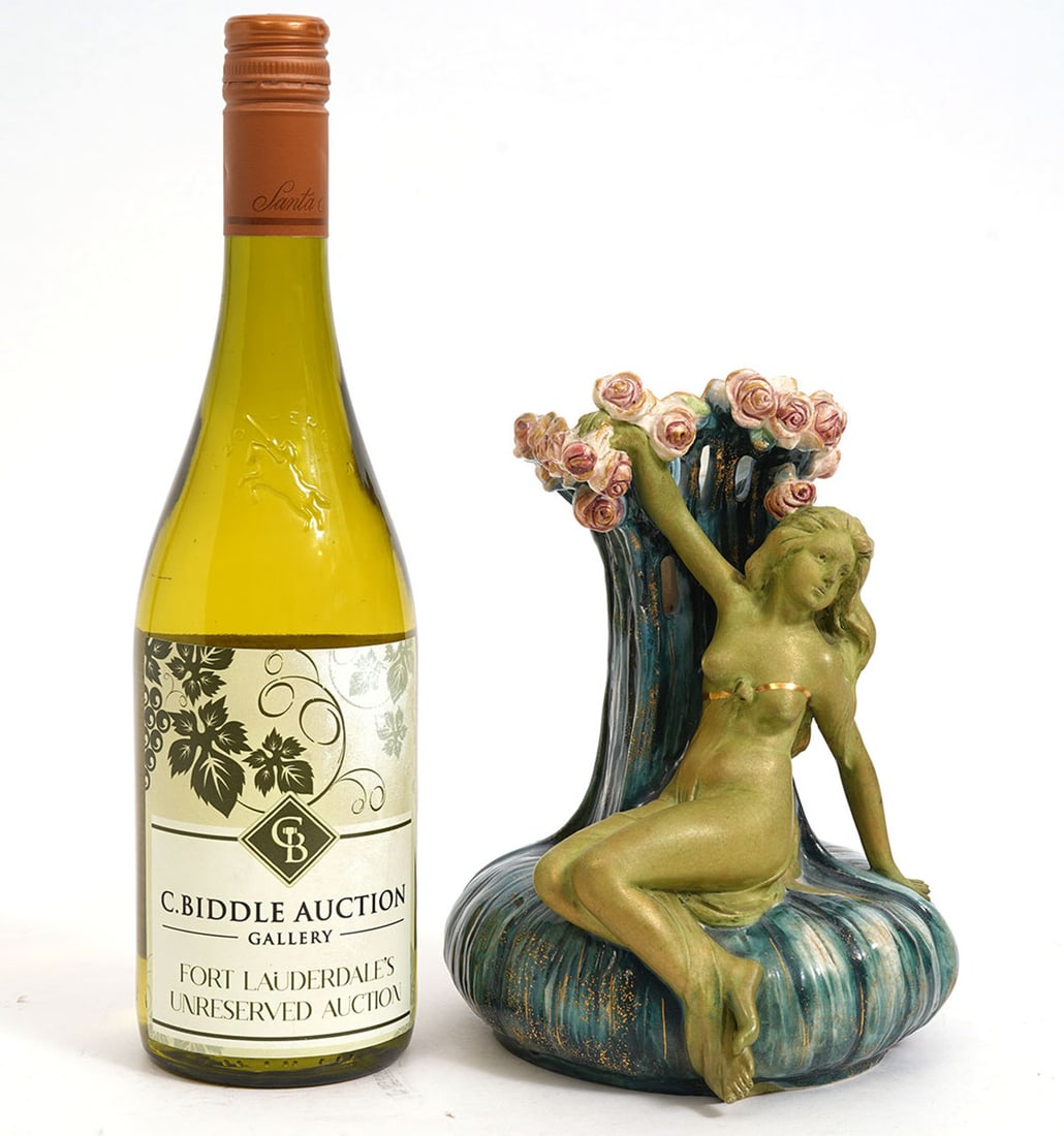 Ernst Wahliss Art Nouveau Nude in Tree Vase: Ernst Wahliss Art Nouveau porcelain vase features nude female with tree and is hallmarked underside. Measures 8"H x 6"W. Condition report: Good condition, please examine all photos closely. Contact