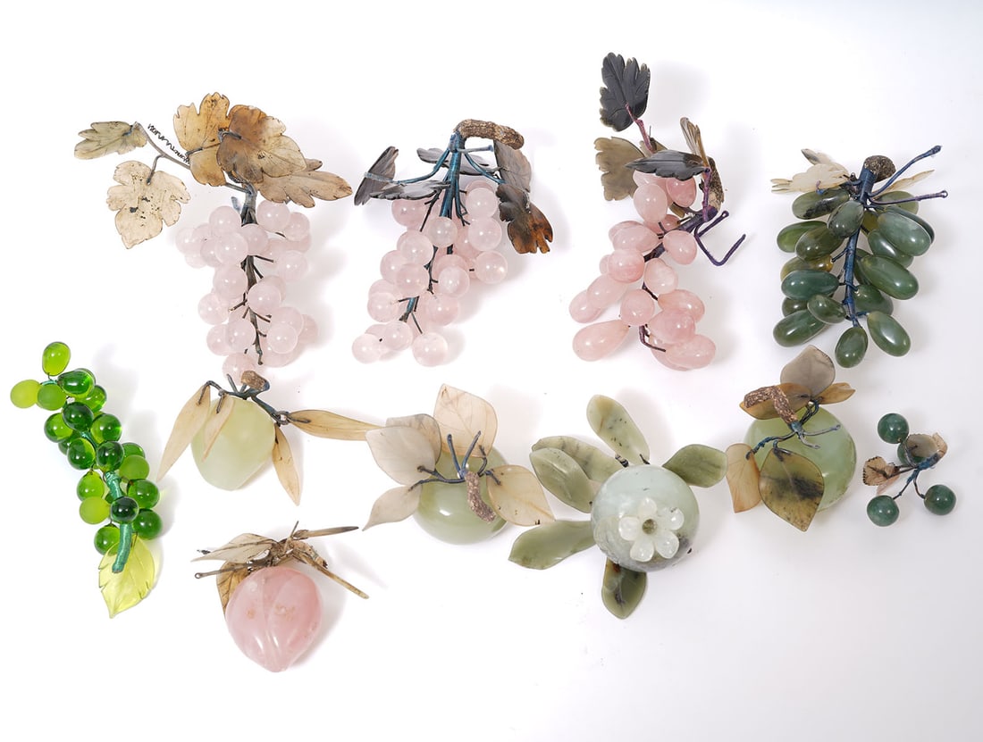 Stone and Glass Decorative Fruit: Decorative stone and glass fruit includes jade and rose quartz. Condition report: Good condition, please examine all photos closely. Contact C. Biddle Auction Gallery for more detailed information. C.