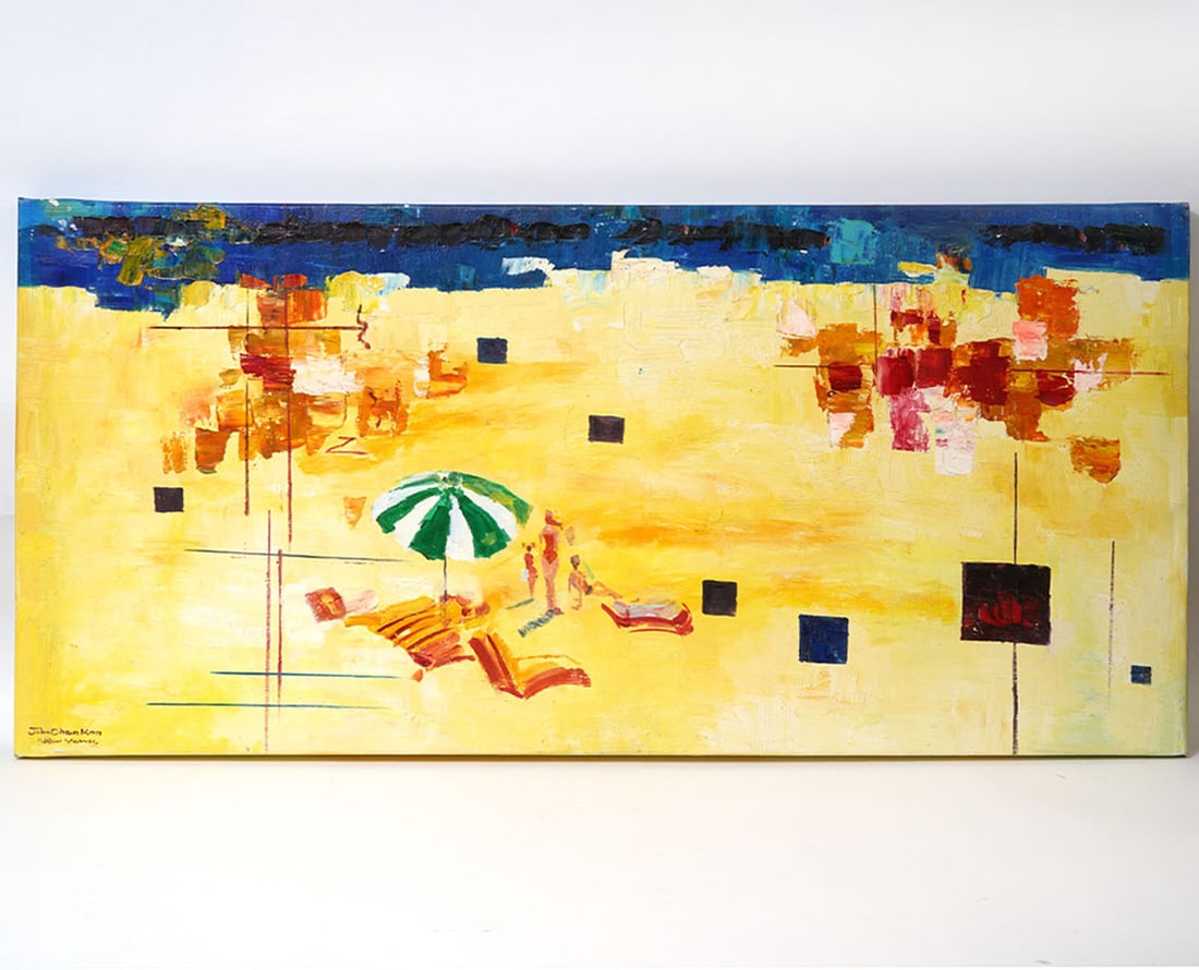 New York Beach Scene Oil on Canvas Signed (1 of 6)