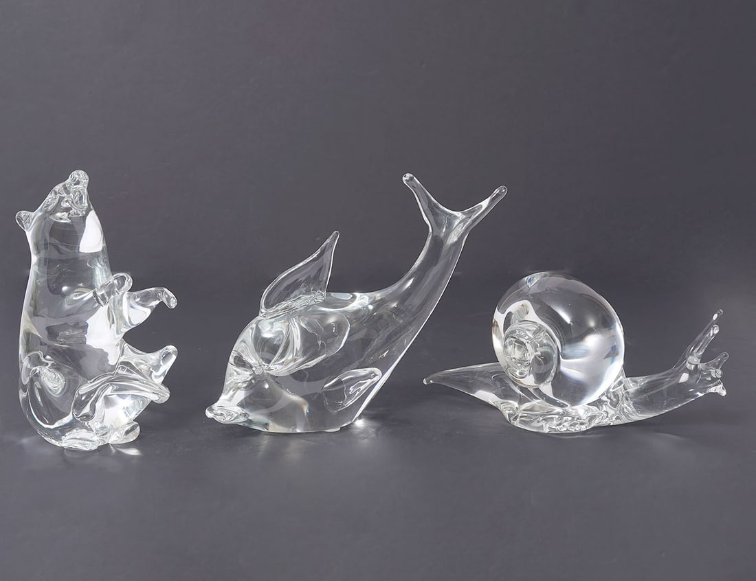 Three Zanetti Crystal Animal Figurines: Three Zanetti crystal animal figurines includes a Rat (3.5"L x 3.5"W x 6.5"H), Fish (7'L x 3.25"W x 5.5"H), Snail (7"L x 3"W x 3.5"H). All signed on underside. Condition report: Good condition, please