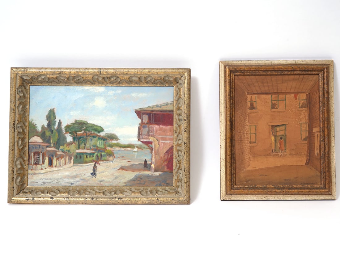 Two Paintings by Louis Boekhout: Louis Boekhout (Dutch-Canadian, 1919-2012) Oil on board street scene, visual image - 8"H x 11.5"W, framed - 10.5"H x 14"W. Watercolor on paper visual image - 9"H x 6.75"W, framed - 11"H x 9"W. Conditi